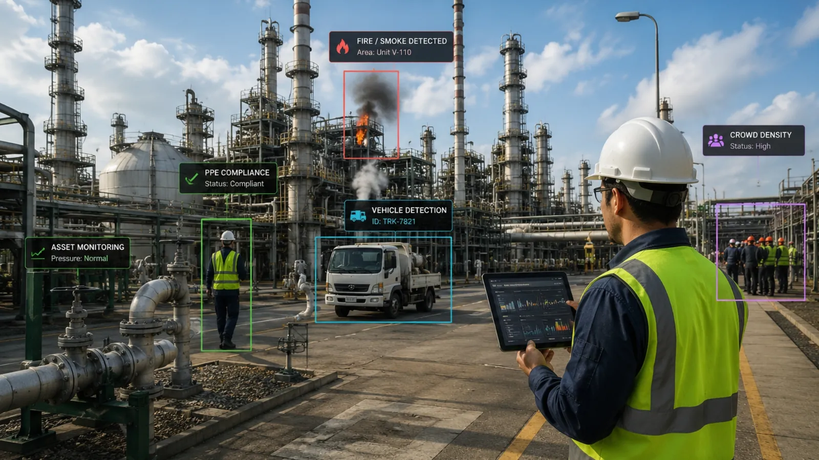 Refinery process area with NexView analytics running on the site cameras: fire and smoke flagged on a process unit, PPE compliance confirmed on a worker, a tanker picked up by vehicle detection and a work crew by crowd density, while an engineer reviews the dashboard on a tablet.